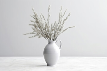 Sprigs Of Willow With Gray Fluff In White Vase On White Background. Generative AI