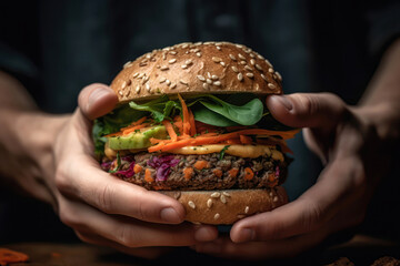 Vegan Burger In Mens Hands Closeup. Generative AI