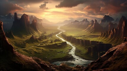 a painting of a river running through a valley surrounded by mountains. generative ai