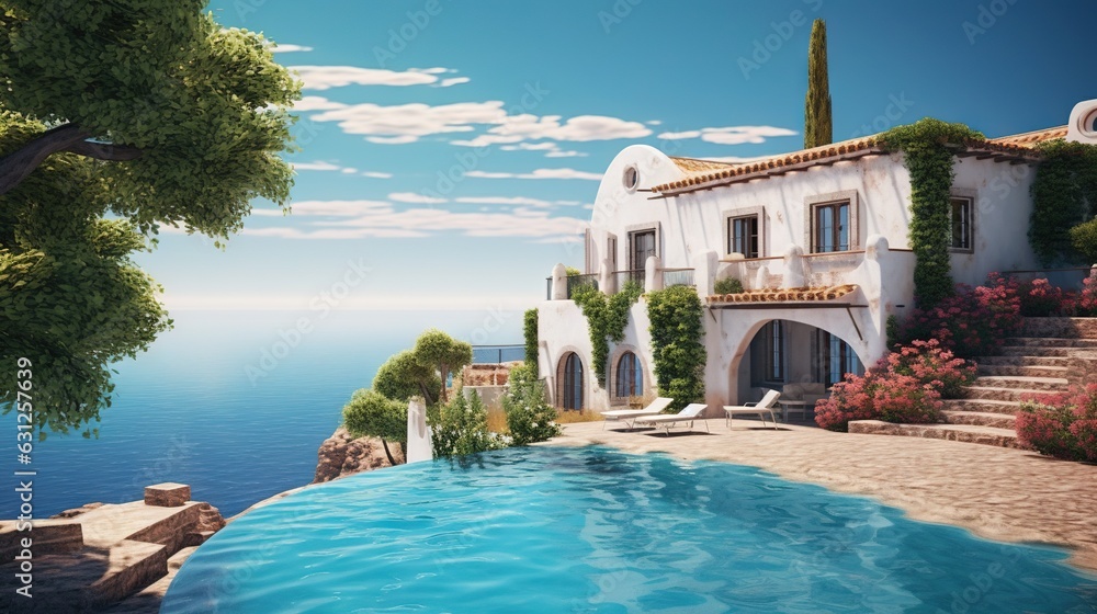 Poster a house with a pool in front of it and a view of the ocean. generative ai