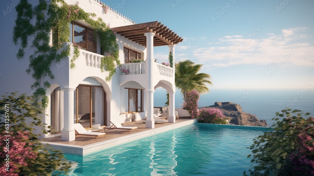 Poster a large house with a pool and a balcony overlooking the ocean. generative ai