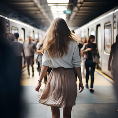people in the subway. Woman from behind standing at busy subway with people around in motion blur.