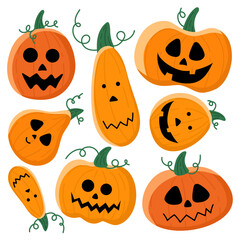 Terrible holiday pumpkins for Halloween themed decorations. A set of fun and horrible orange pumpkins isolated on white.