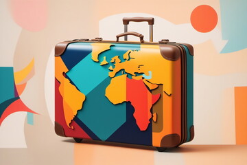 Abstrakte Abbildung eines Koffers mit Elementen die in Bezug zu Reisen stehen.