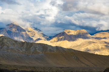 Beautiful Sunset in the Desert Canyon and Green Desert of Ghami Village in Upper Mustang, Nepal