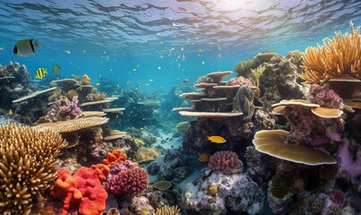  an underwater view of a coral reef with a variety of fish.  generative ai