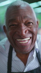 Portrait of a happy Elderly African American Man with Gray Hair and Wrinkles, Wearing Black Apron, smiling at camera with joyful expression. Charismatic and friendly employee person