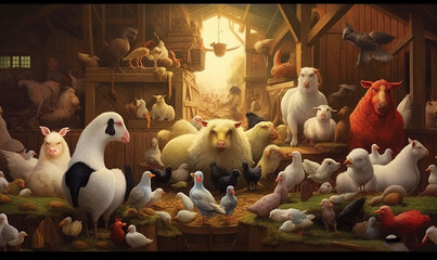  a painting of a farm scene with chickens, chickens, and chickens.  generative ai