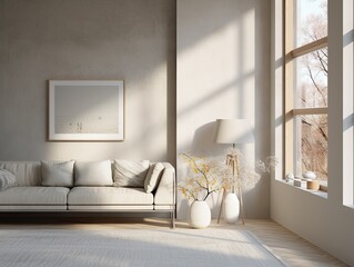 Modern minimalistic living room with large windows, grey beige greige interior with sofa, carpet and decor, neutral palette. 3d render illustration mockup. 