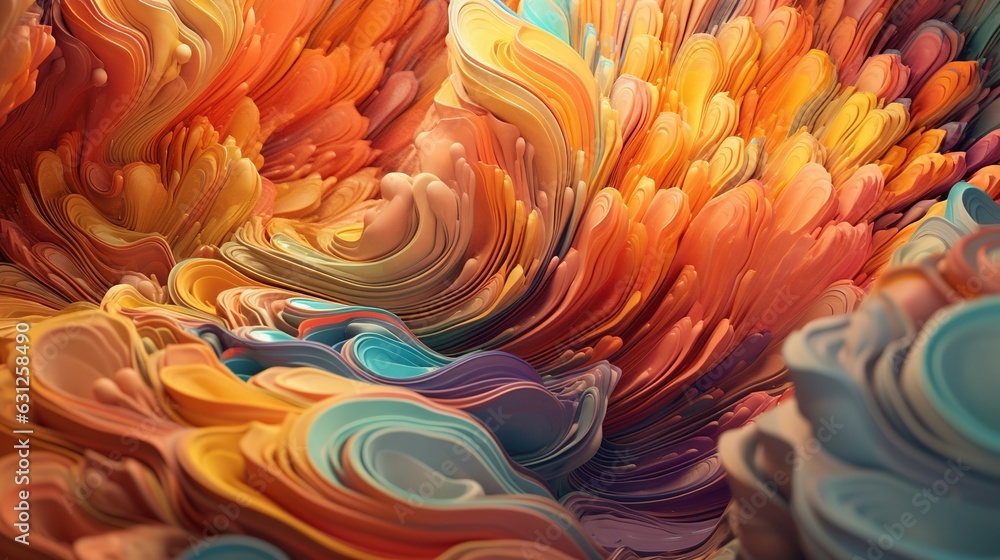 Poster an abstract painting of multicolored waves and curves of paint. generative ai