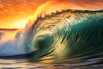 a massive ocean wave at sunset
