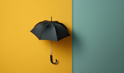  a black umbrella is hanging on a yellow and green wall.  generative ai