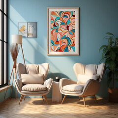 Mockup sitting place with colorful picture hanging from the  blue wall and two pushy white armchairs