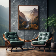 Luxury mockup sitting room with big window, comfortable wooden leather armchairs with rivets,  beautiful picture hanging from a stone wall