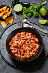 mexican shrimp cocktail salad in a bowl, top view