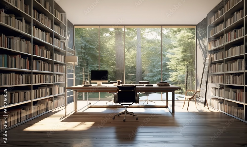 Poster a room filled with lots of books and a computer desk. generative ai