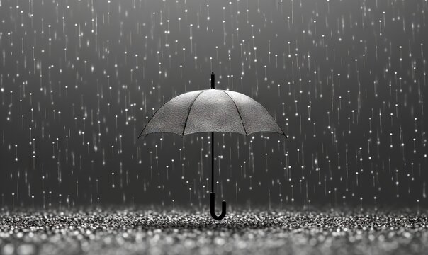  a black and white photo of an umbrella in the rain.  generative ai