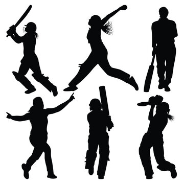 Female Cricket Player Betting & Bowling Silhouettes Vector Illustration