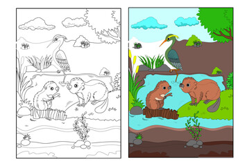 Animals in nature coloring book page