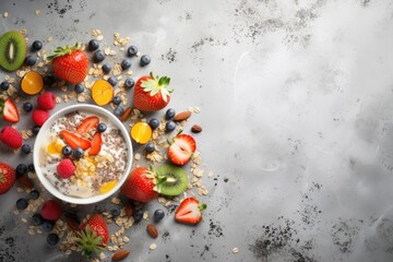 Fototapeta na wymiar Healthy oatmeal with summer berries, blueberries, raspberries, strawberries in a bowl, top view, free space. The concept of clean healthy food. ai generative