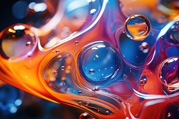 Abstract background of liquid bubbles blending flow mixing together in teal and orange colors