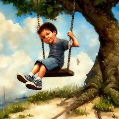 Watercolor illustration of a young boy on an old tree swing