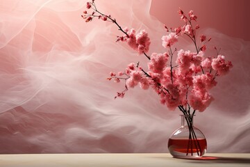 Blossoming pink tree branch with pink flowers in glass vase on a pink background