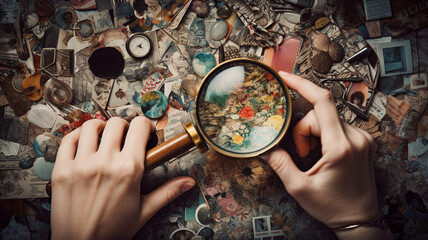 woman holding vintage antique glass magnifying glass, generative ai - obrazy, fototapety, plakaty