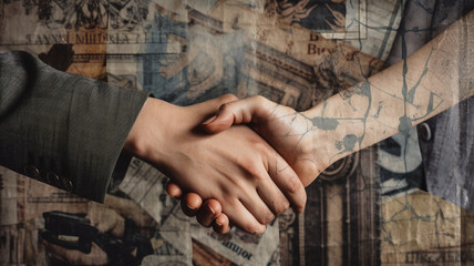 double exposure of hands and woman handshake. business handshake together. business concept. generative ai