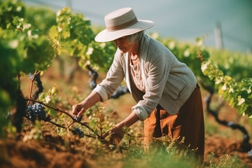 Portrait of female vineyard owner checking quality of grapes in vineyard