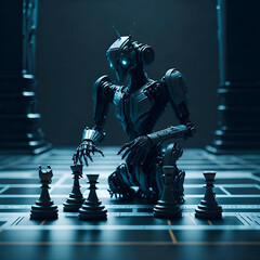 Un robot sobre un tablero jugando al ajedrez. Vista de frente y de cerca. IA Generativa 
