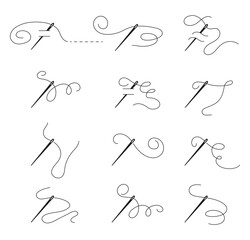 Needle with thread. Sewing needle with thread icon. Silhouette symbol vector illustration in hand drawn.