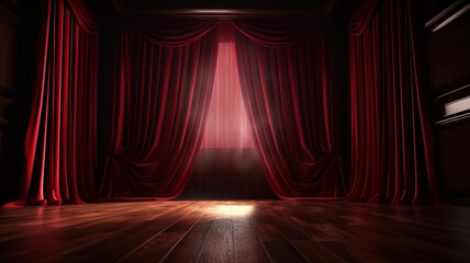 red curtain and stage in a theater with smoke and fog, generative ai