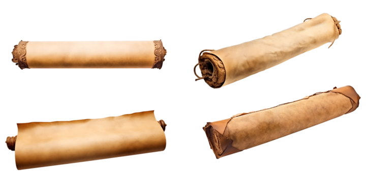 Vintage old parchment paper scroll full sheet set transparent background. Parchment paper scroll png bundle