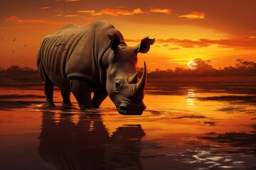 rhinoceros on the background of the sunset. ai generative - obrazy, fototapety, plakaty