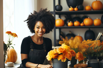 Attractive african american woman florist working in flower shop. Creation of autumn decor for Halloween celebration - obrazy, fototapety, plakaty