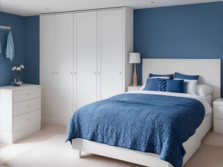 Una habitación con una cama con una manta y almohadones azules. Vista de frente y de cerca. IA Generativa