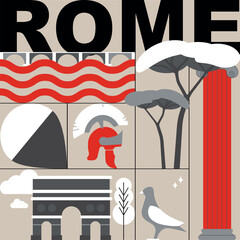 Typography word "Rome" branding technology concept. Collection of flat vector web icons. Rome culture travel set, famous architectures, specialties detailed silhouette. Italian famous landmark