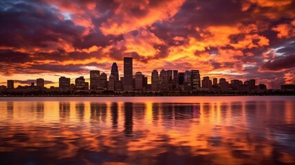 A vibrant sunset over a city skyline. AI generated