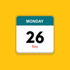 may 26 monday icon with yellow background, calender icon