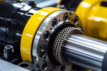 Close-up of a heavy-duty rotary actuator with multiple hydraulic cylinders and metal construction producing precise and potent rotational motion. - obrazy, fototapety, plakaty