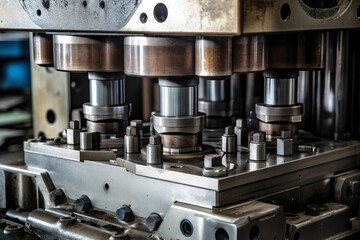 a close-up of a hydraulic press being used to create auto parts, showing how metal components are forming under strong pressure.