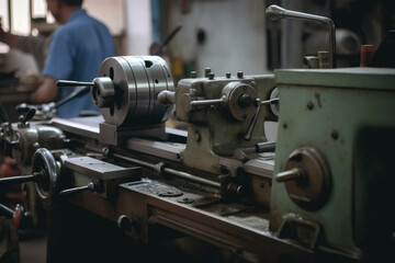 A close-up of a lathe machine in a workshop with a background of workers occupied at their desks is shown.