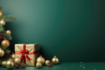 Merry Christmas banner with blank space for text, green background, giftboxes, fir tree branches, red and green ornaments
