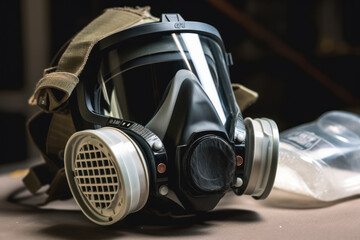 A close-up of a respirator mask with replaceable filters highlights the importance of respiratory protection in hazardous work environments. - obrazy, fototapety, plakaty