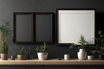 Mockup picture frame on a black wooden cabinet. 3d rendered illustration