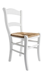 wooden chair with a back and a wicker seat, a piece of furniture