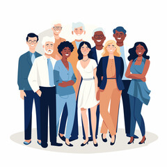 The diverse group of people, entrepreneurs, or office workers isolated on white background. Multinational company. Old and young men and women standing together. Flat cartoon vector illustration.