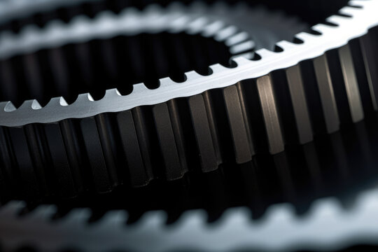 A close-up of a timing belt's tooth structure is shown, highlighting the special construction that makes for a smooth and effective transfer of power.