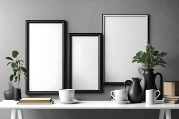 Vertical black picture poster frame mock up. Cup of coffee, books, vase and notebook on white table. Gray wall background. Side view. 3d illustration